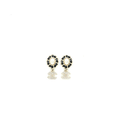 Chanel Crystal CC Logo Drop Earrings Leather Pearl Light Gold Tone