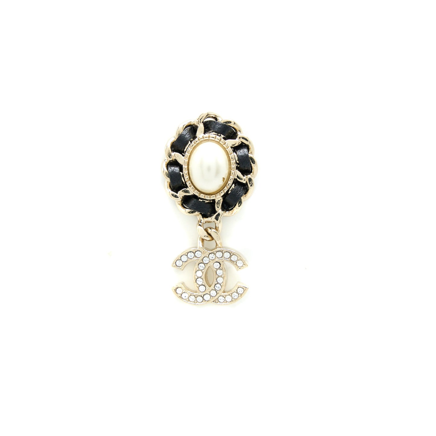 Chanel Crystal CC Logo Drop Earrings Leather Pearl Light Gold Tone