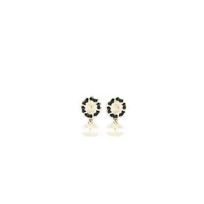 Chanel Crystal CC Logo Drop Earrings Leather Pearl Light Gold Tone