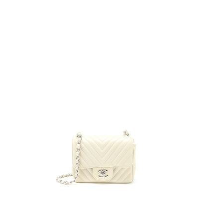 Chanel 21c Mini Square Flap Bag Chevron Lambskin Beige