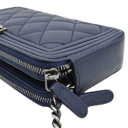 CHANEL Boy Double Zip Wallet on Chain Leather Crossbody Bag Navy Blue