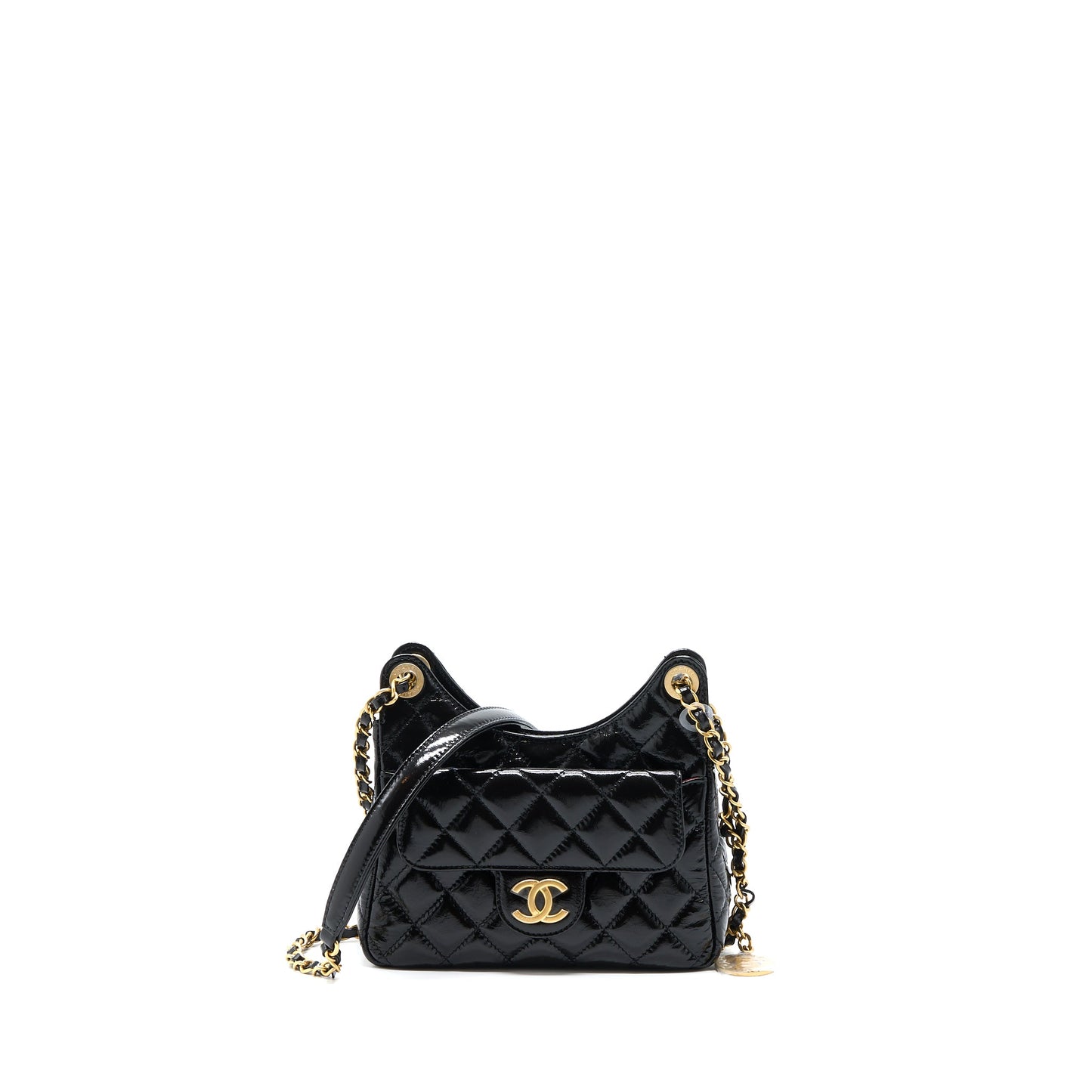 Chanel 23c Small Hobo Bag Shiny Calfskin Black Brushed  (Microchip)