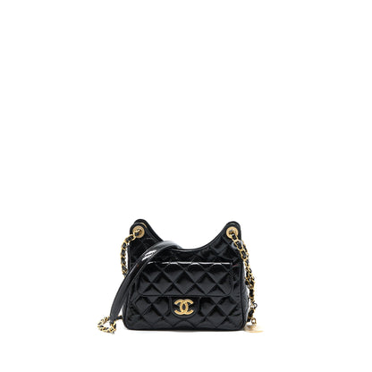 Chanel 23c Small Hobo Bag Shiny Calfskin Black Brushed  (Microchip)