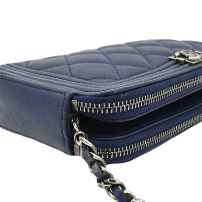 CHANEL Boy Double Zip Wallet on Chain Leather Crossbody Bag Navy Blue