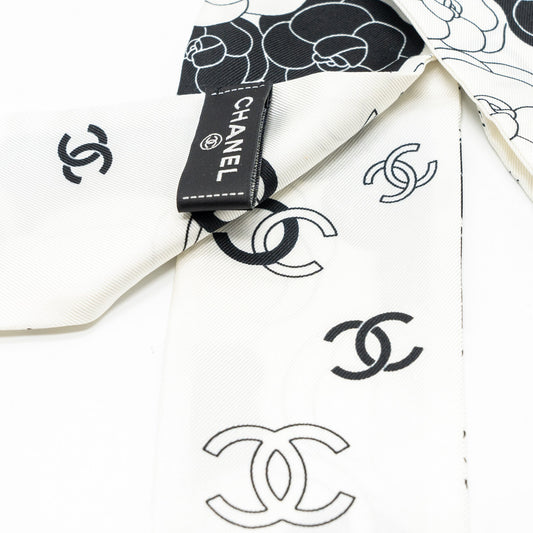 Chanel small silk scarf / twilly CC logo black / white