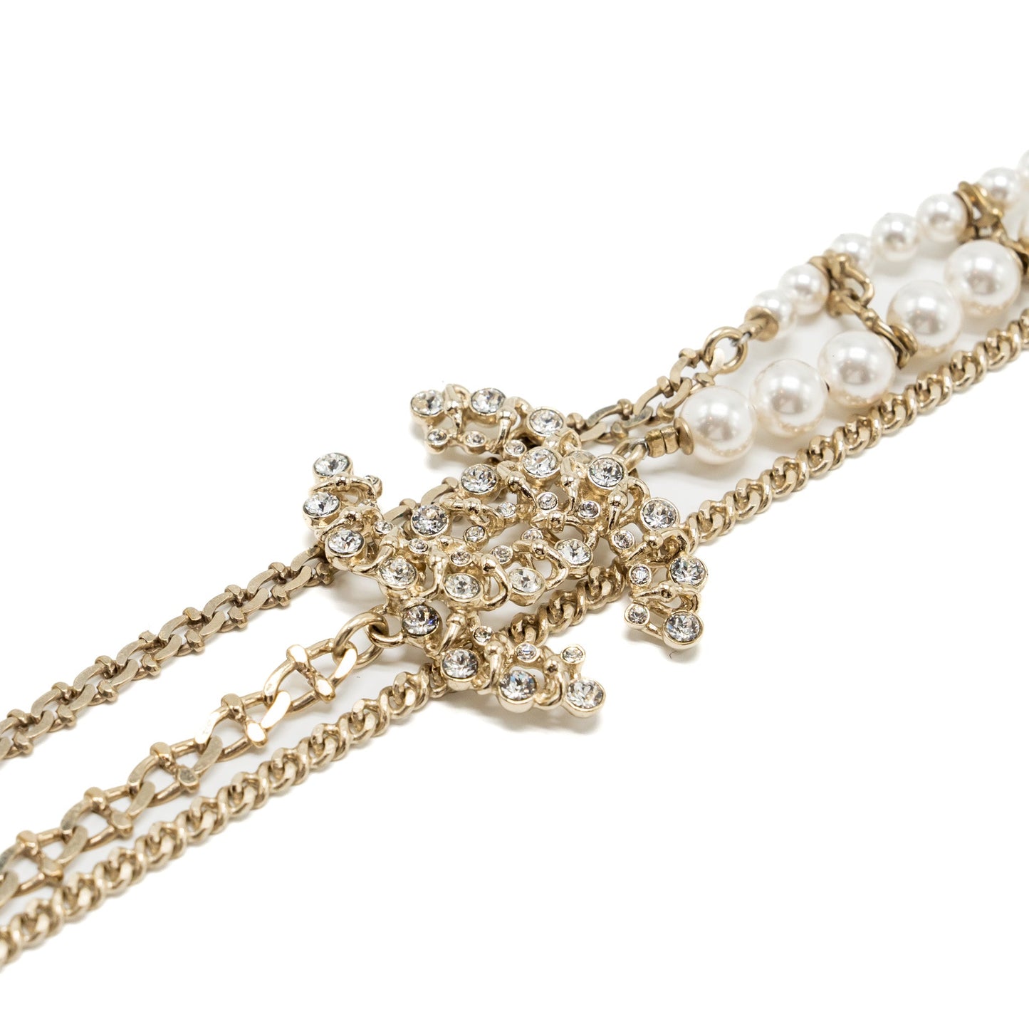 Chanel 19K CC logo long Necklace Pearl/Crystal/Light Gold Tone