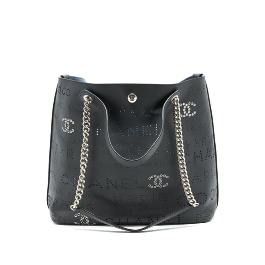 Chanel Eyelet Logo Calfskin Tote Bag Black/ Blue