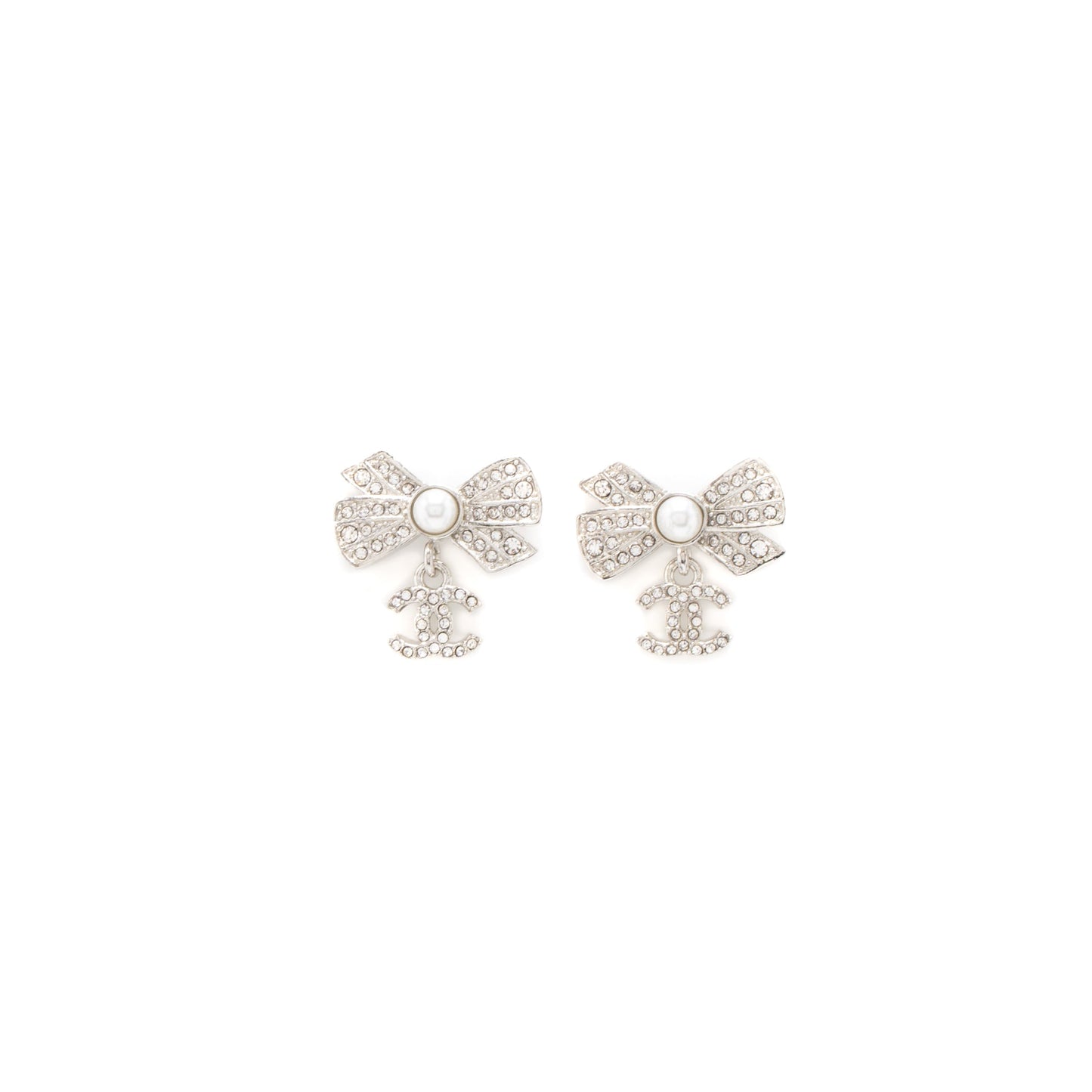 Chanel Bow/CC Logo Drop Earrings Crystal/Pearl Silver Tone