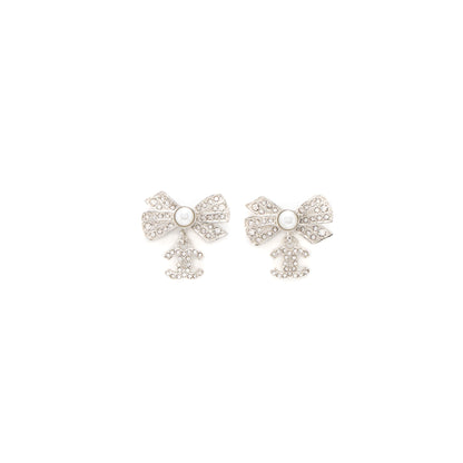 Chanel Bow/CC Logo Drop Earrings Crystal/Pearl Silver Tone