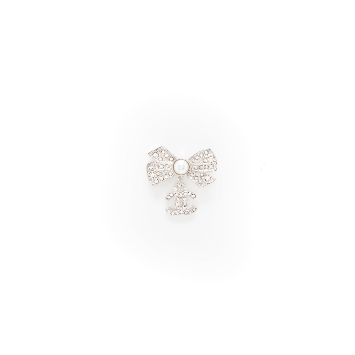 Chanel Bow/CC Logo Drop Earrings Crystal/Pearl Silver Tone