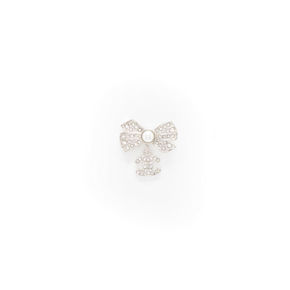 Chanel Bow/CC Logo Drop Earrings Crystal/Pearl Silver Tone