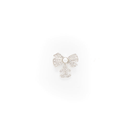 Chanel Bow/CC Logo Drop Earrings Crystal/Pearl Silver Tone