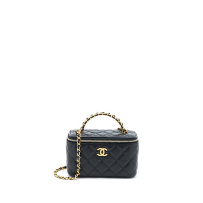 Chanel Leather Chain Top Handle Long Vanity Lambskin Black