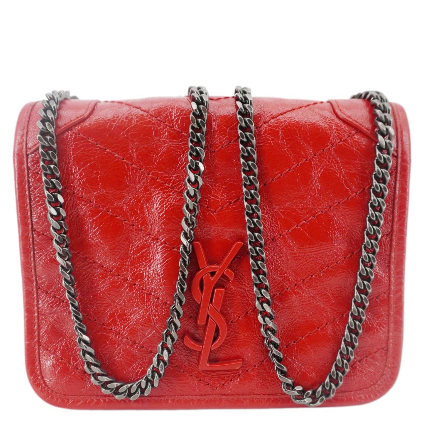 YVES SAINT LAURENT Niki Crinkled Leather Chain Wallet Crossbody Bag Red