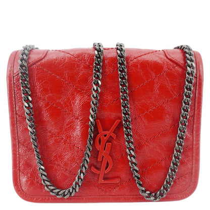 YVES SAINT LAURENT Niki Crinkled Leather Chain Wallet Crossbody Bag Red