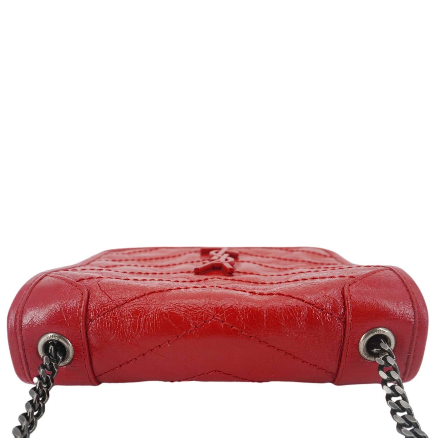 YVES SAINT LAURENT Niki Crinkled Leather Chain Wallet Crossbody Bag Red
