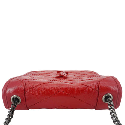 YVES SAINT LAURENT Niki Crinkled Leather Chain Wallet Crossbody Bag Red