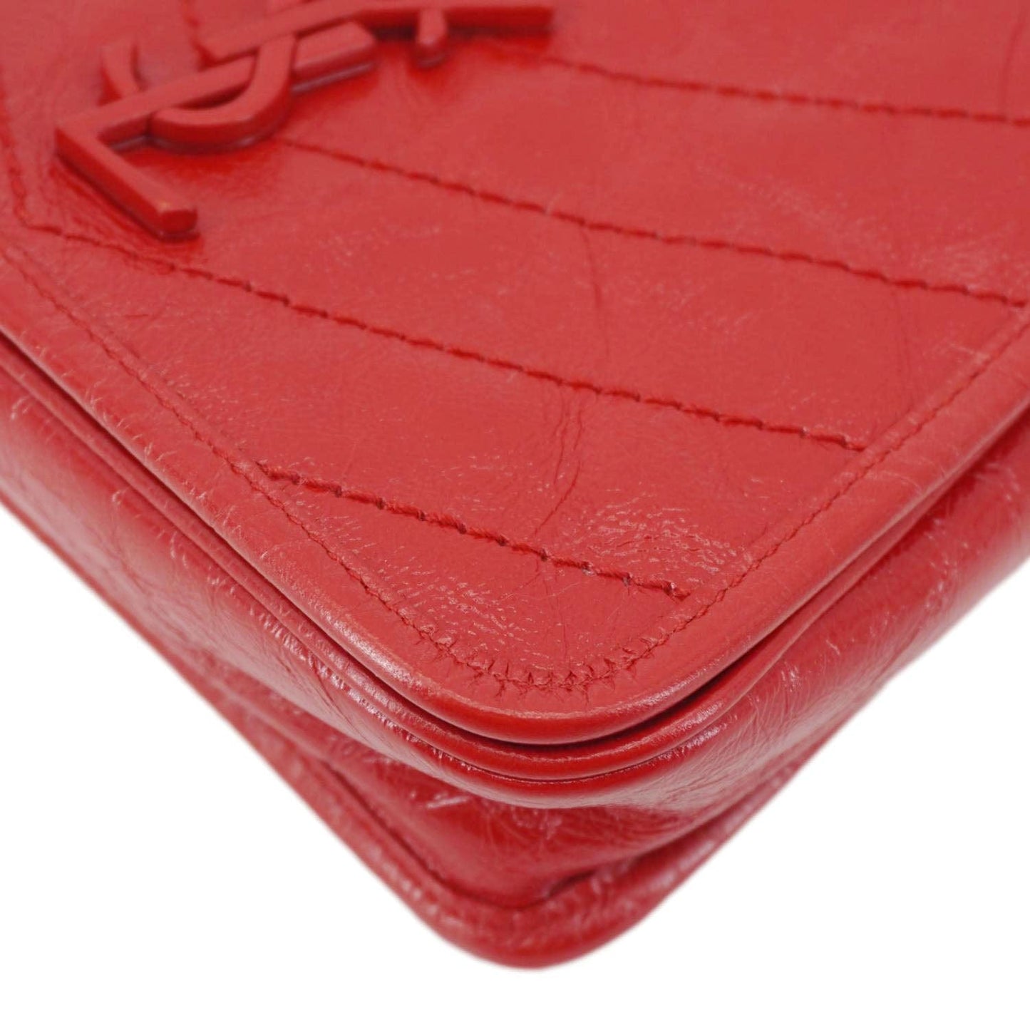 YVES SAINT LAURENT Niki Crinkled Leather Chain Wallet Crossbody Bag Red