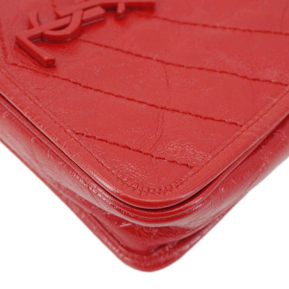 YVES SAINT LAURENT Niki Crinkled Leather Chain Wallet Crossbody Bag Red