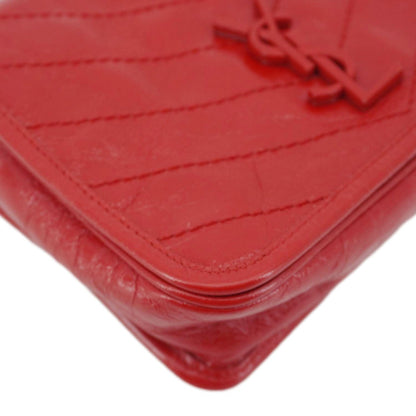 YVES SAINT LAURENT Niki Crinkled Leather Chain Wallet Crossbody Bag Red