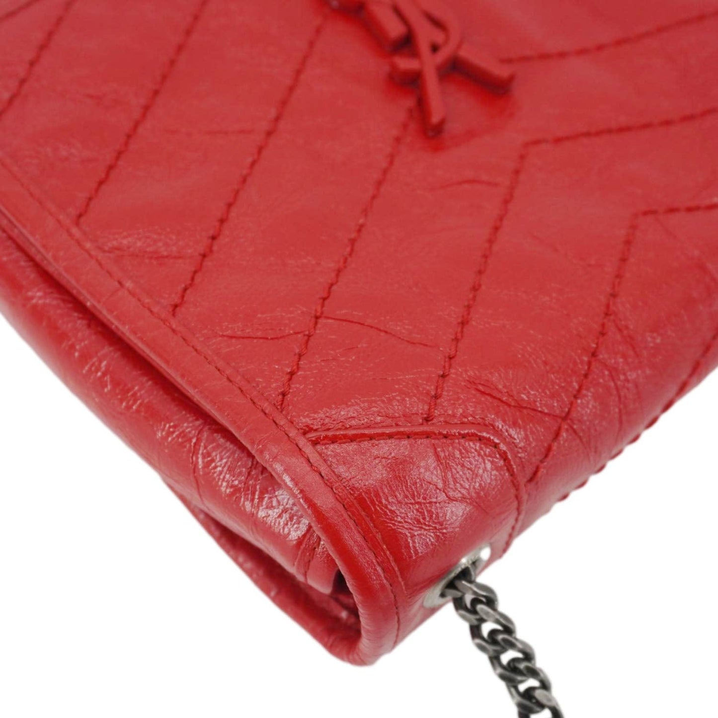 YVES SAINT LAURENT Niki Crinkled Leather Chain Wallet Crossbody Bag Red