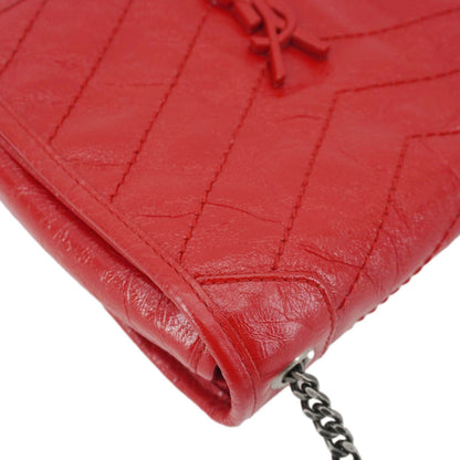 YVES SAINT LAURENT Niki Crinkled Leather Chain Wallet Crossbody Bag Red