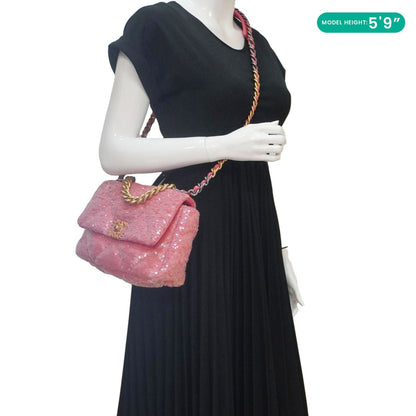 CHANEL 19 Medium Flap Quilted Sequin Shoulder Bag Hot Pink