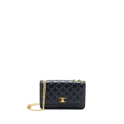 Chanel 22K Gold Pillar Wallet On Chain Lambskin Black Brushed (Microchip)