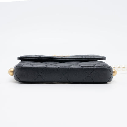 Chanel Pearl Chain Mini Flap Bag Lambskin Black Brushed