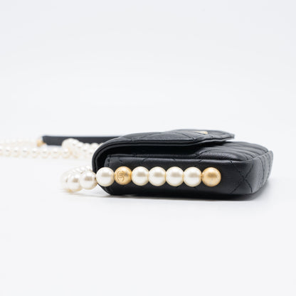 Chanel Pearl Chain Mini Flap Bag Lambskin Black Brushed