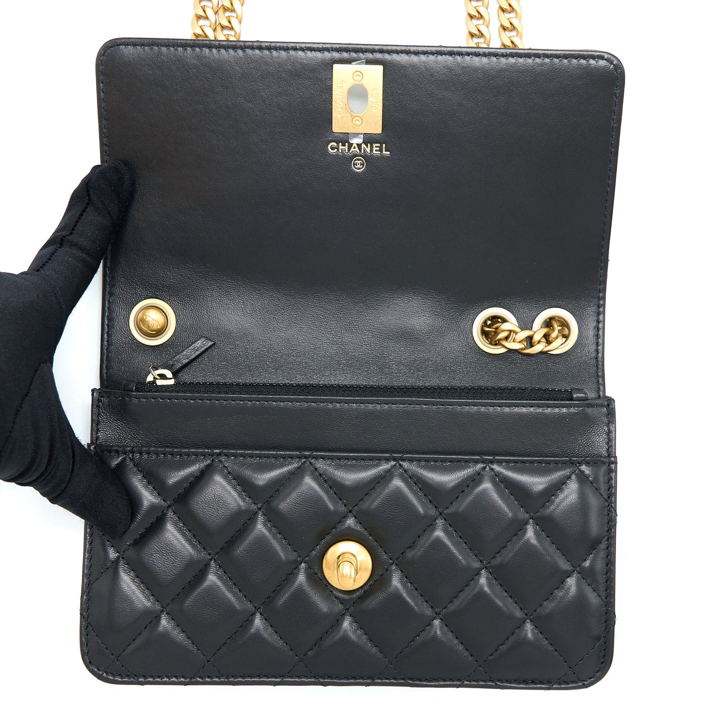Chanel 22K Gold Pillar Wallet On Chain Lambskin Black Brushed (Microchip)