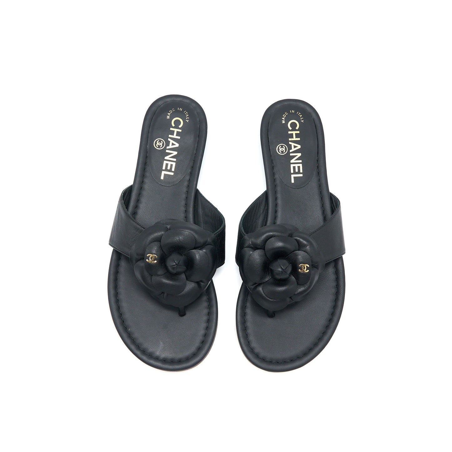 Chanel Size 36 Camelia Sandal Black Gold Tone