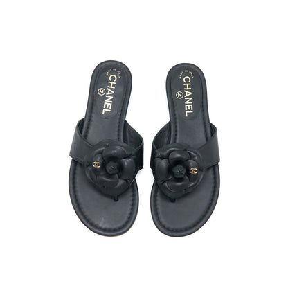 Chanel Size 36 Camelia Sandal Black Gold Tone