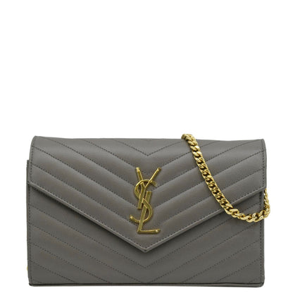 YVES SAINT LAURENT Kate Leather Chain Clutch Crossbody Bag Grey