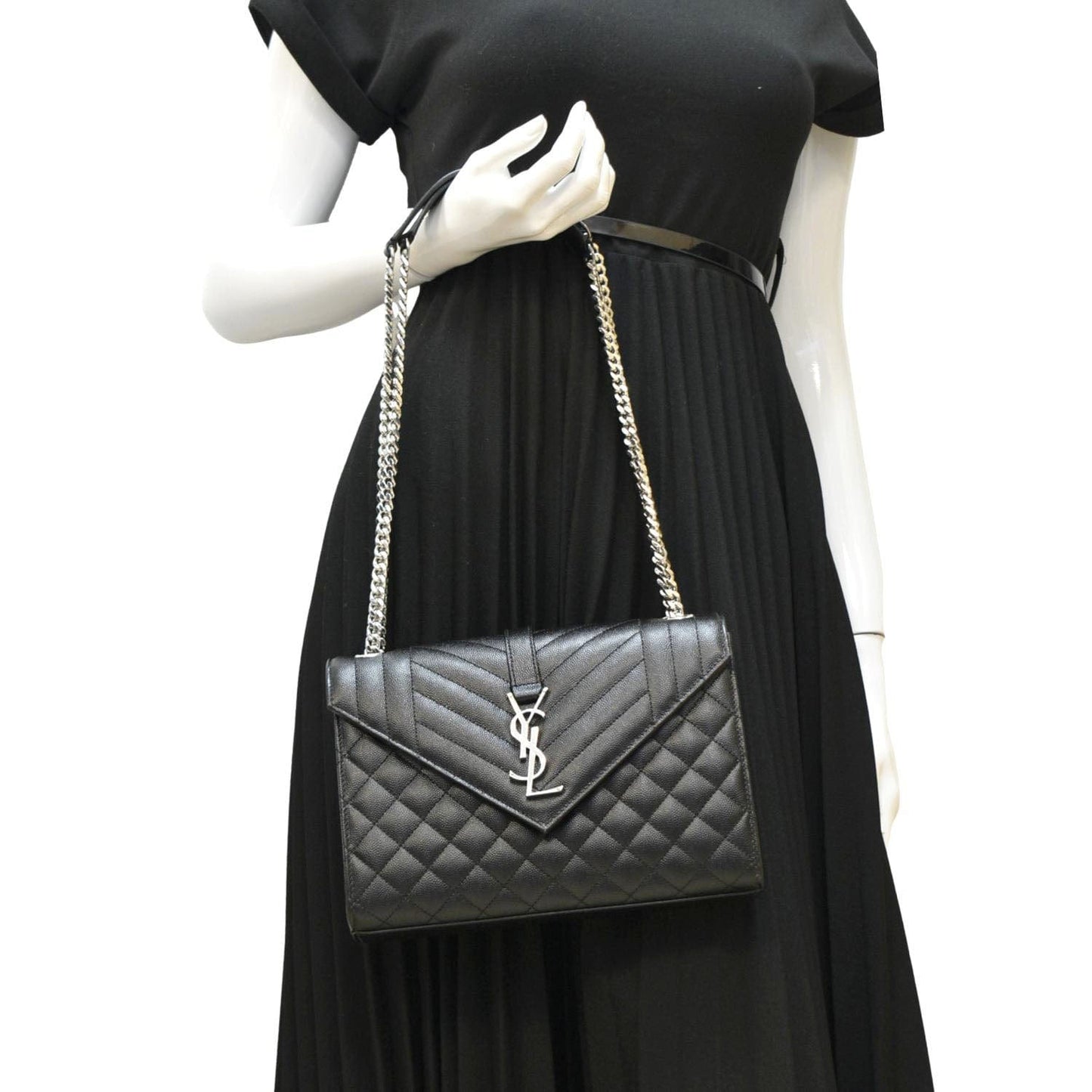 YVES SAINT LAURENT Envelope Mix Matelassé Chain Leather Shoulder Bag Black
