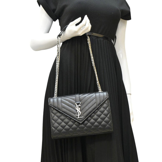 YVES SAINT LAURENT Envelope Mix Matelassé Chain Leather Shoulder Bag Black