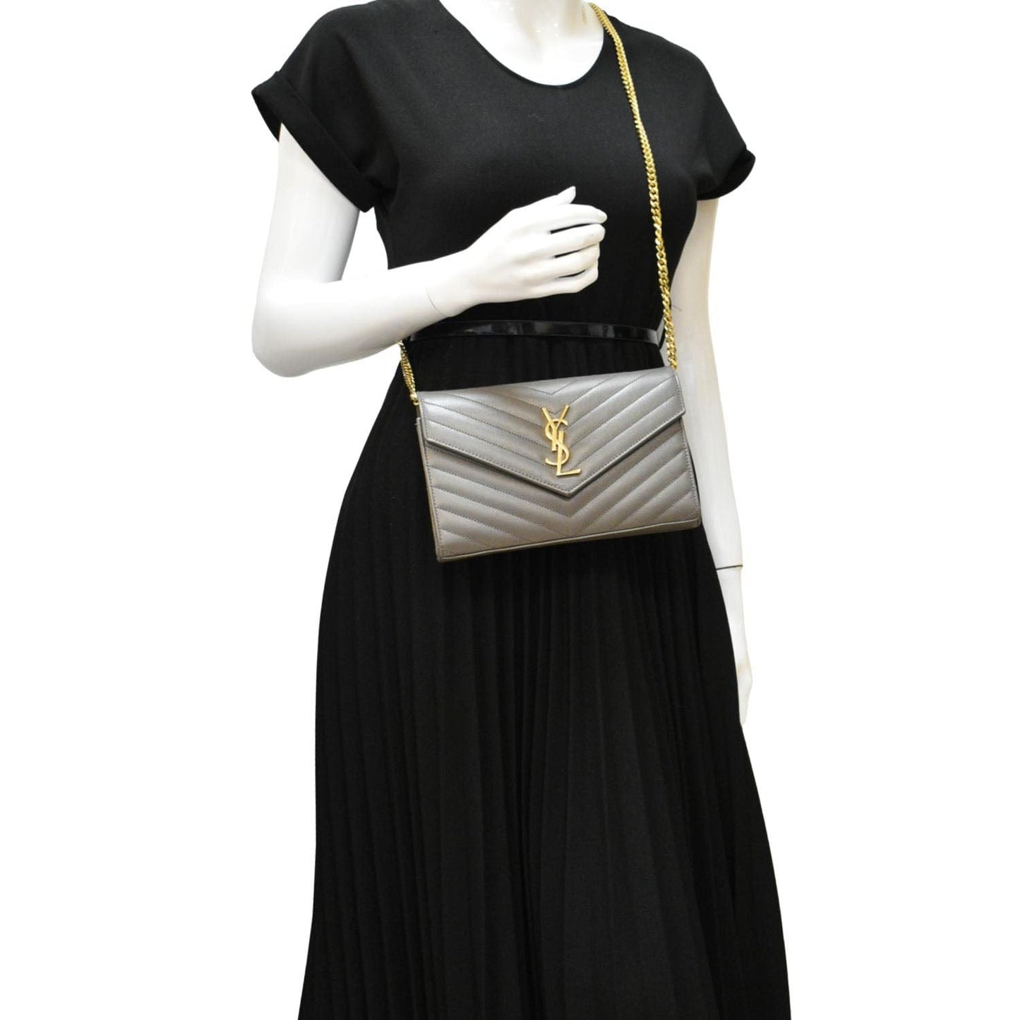 YVES SAINT LAURENT Kate Leather Chain Clutch Crossbody Bag Grey