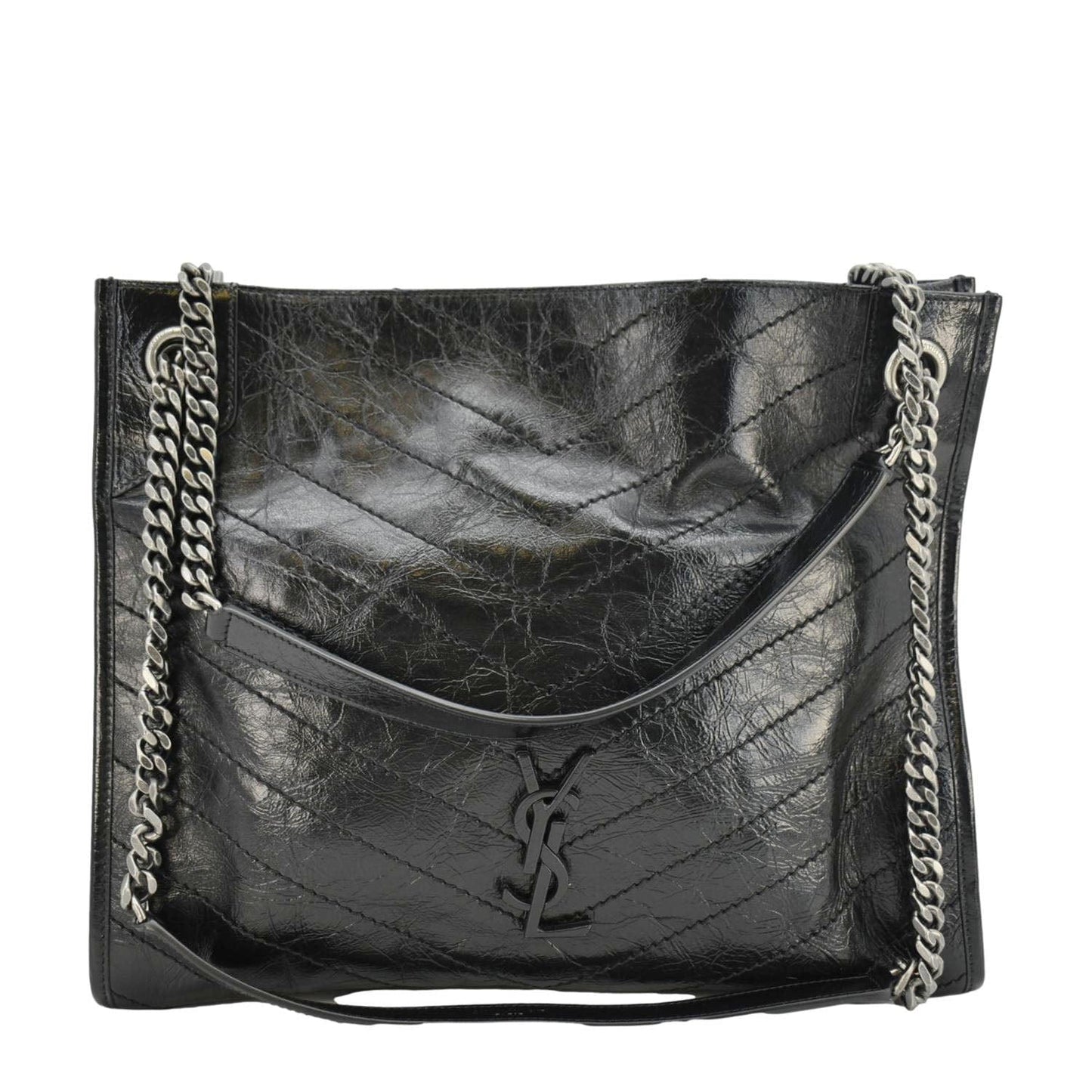 YVES SAINT LAURENT Niki  Crinkle Leather Shopper Tote Bag Black