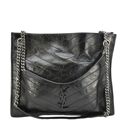 YVES SAINT LAURENT Niki  Crinkle Leather Shopper Tote Bag Black
