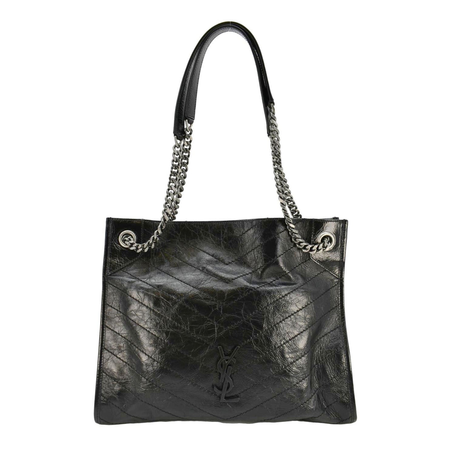 YVES SAINT LAURENT Niki  Crinkle Leather Shopper Tote Bag Black