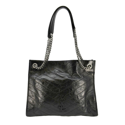 YVES SAINT LAURENT Niki  Crinkle Leather Shopper Tote Bag Black