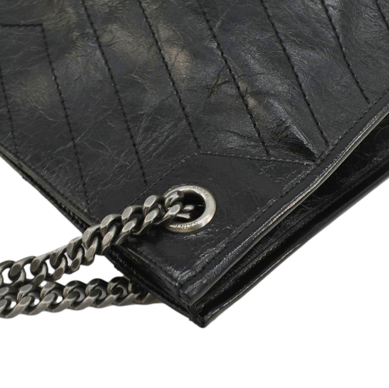 YVES SAINT LAURENT Niki  Crinkle Leather Shopper Tote Bag Black