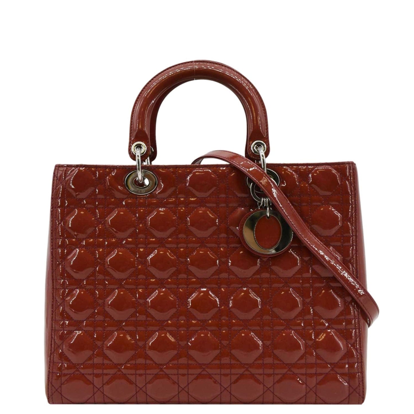 CHRISTIAN DIOR Lady Dior Large Quilted Patent Leather Shoulder Bag Reddish Orange