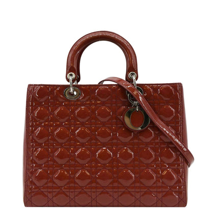 CHRISTIAN DIOR Lady Dior Large Quilted Patent Leather Shoulder Bag Reddish Orange