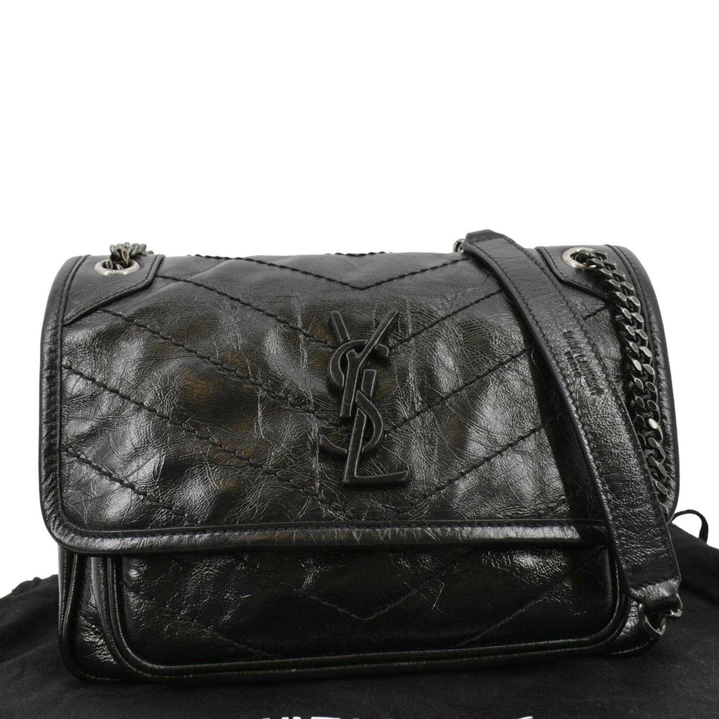 YVES SAINT LAURENT Niki Baby Crinkle Leather Shoulder Bag Black