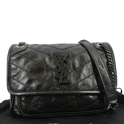 YVES SAINT LAURENT Niki Baby Crinkle Leather Shoulder Bag Black