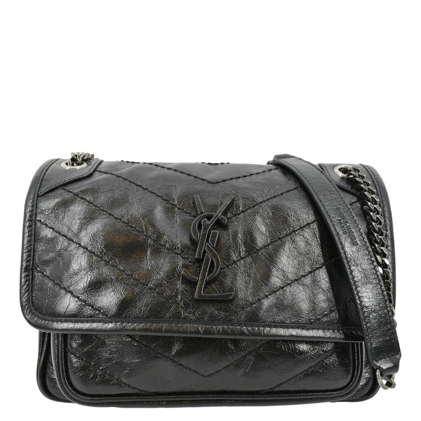 YVES SAINT LAURENT Niki Baby Crinkle Leather Shoulder Bag Black