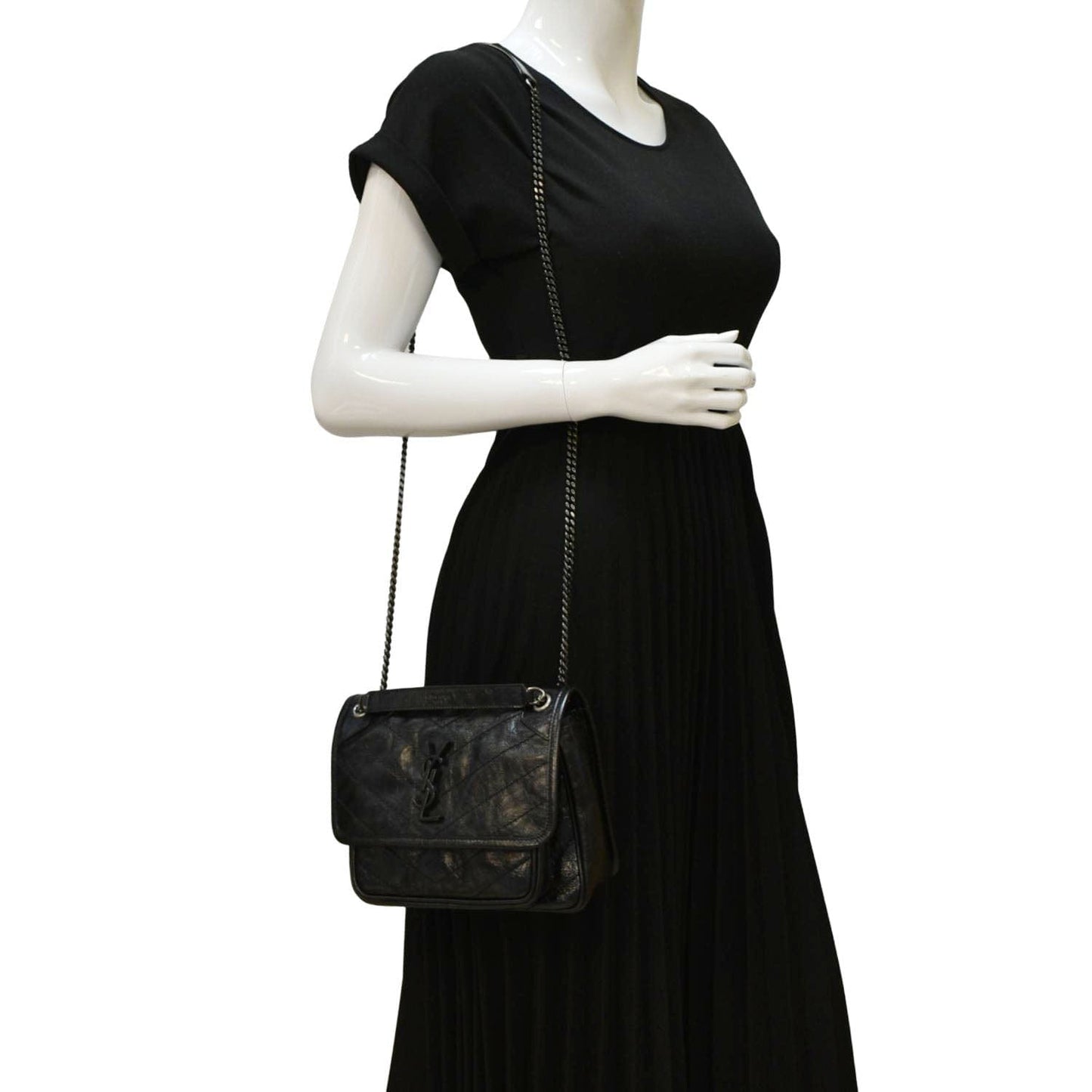 YVES SAINT LAURENT Niki Baby Crinkle Leather Shoulder Bag Black