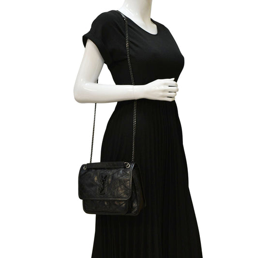 YVES SAINT LAURENT Niki Baby Crinkle Leather Shoulder Bag Black