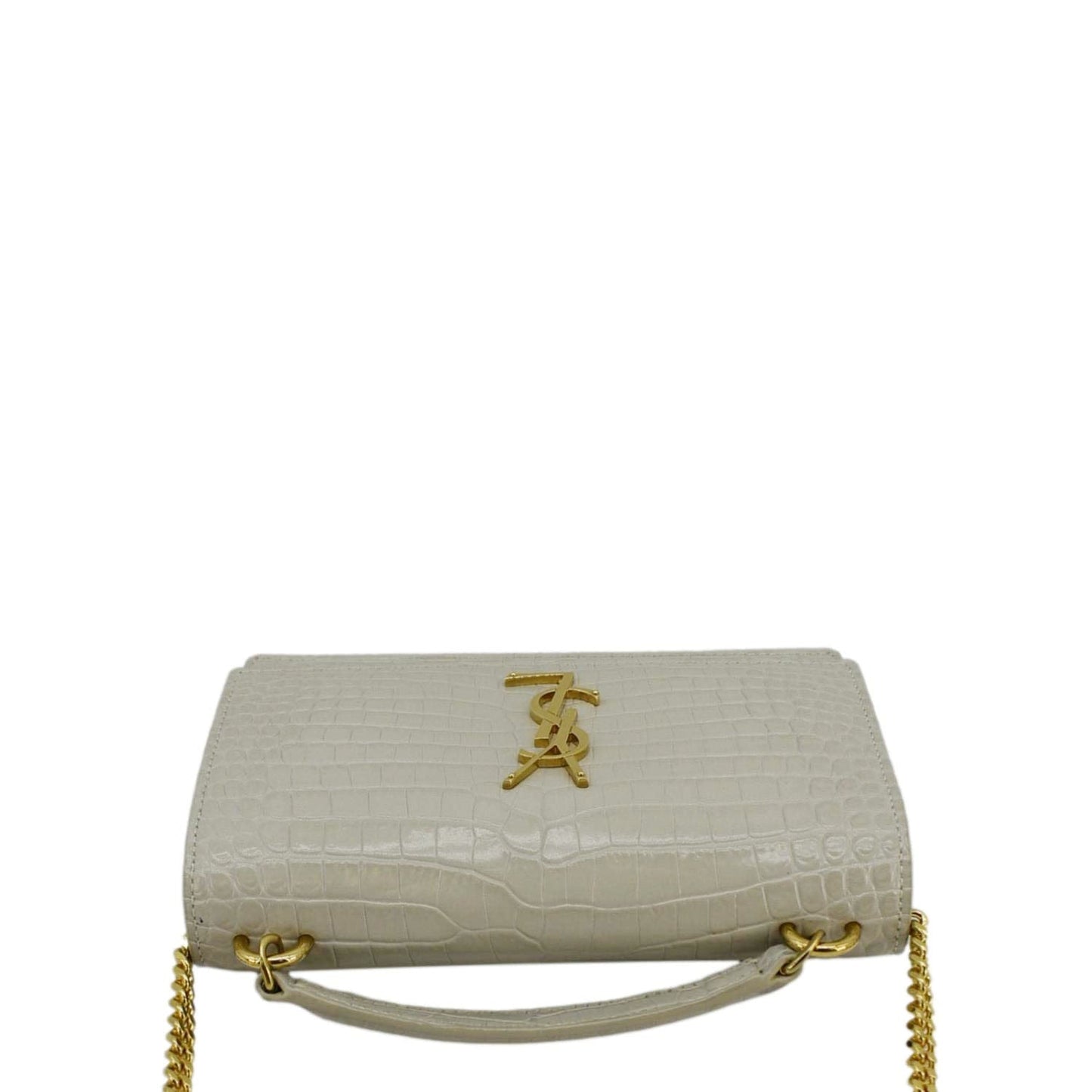 YVES SAINT LAURENT Sunset Crocodile Embossed Leather Crossbody Bag Ivory